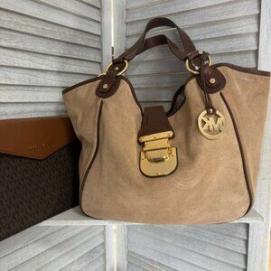 Michael Kors Brown Suede Shoulder Bag Monogram Wristlet Handbag Lot of 2